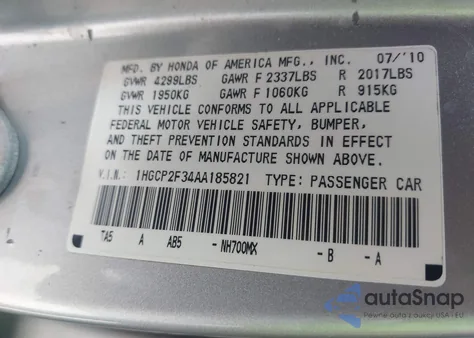 2010 Honda Accord 2.4 Lx from USA, damaged, VIN 1HGCP2F34AA185821